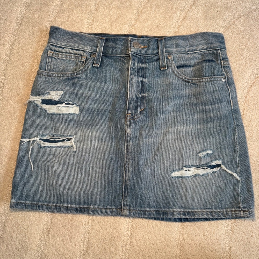 Madewell Rigid Denim Straight Mini Skirt 27 Distressed Medium Wash Blue Jean